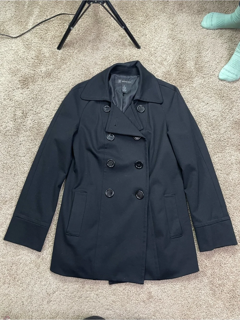 INC International Concepts Black Double-Breasted‎ Peacoat